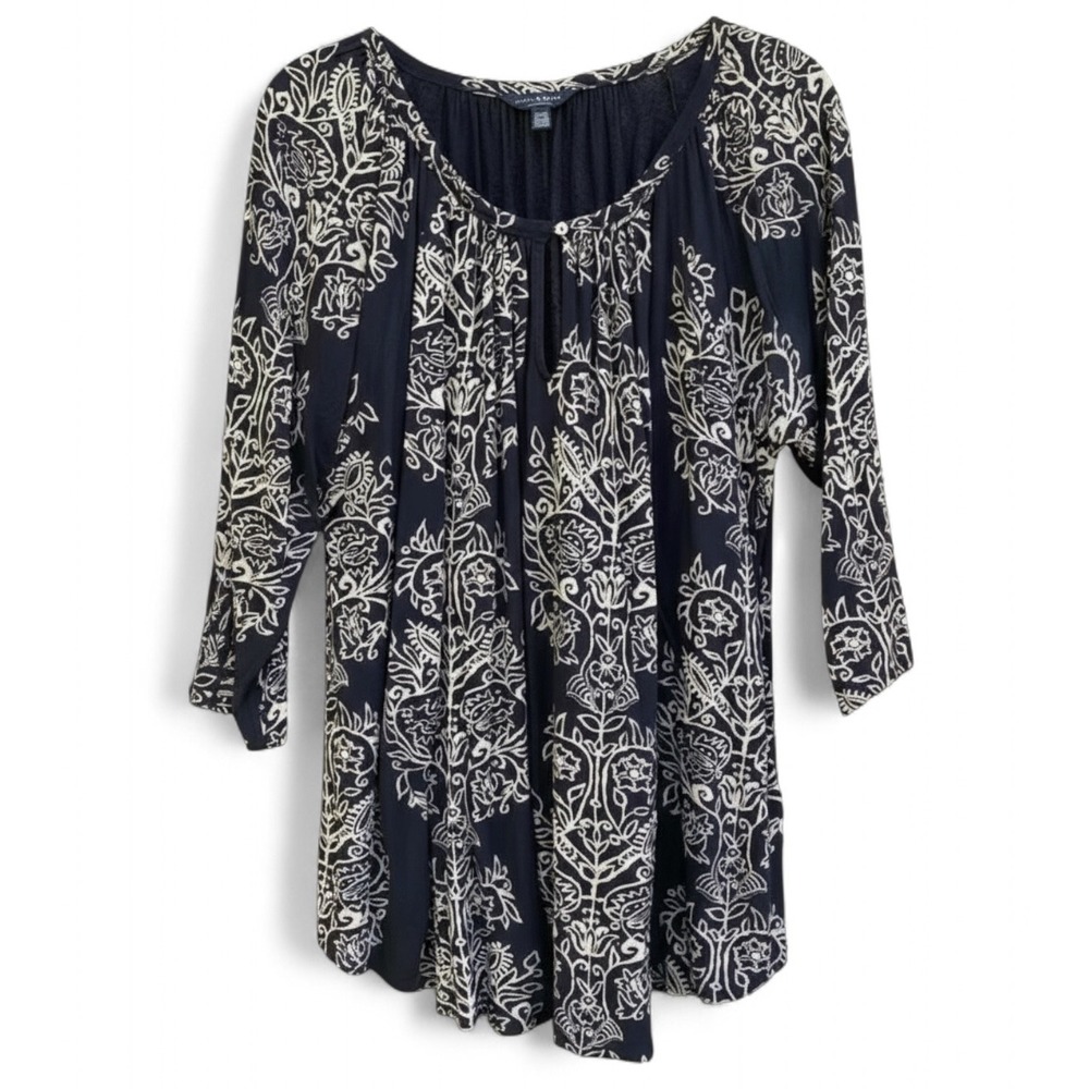 LUCKY BRAND Black Tribal Print FLOWY KNIT BLOUSE TOP Keyhole Neck Peasant 2X
